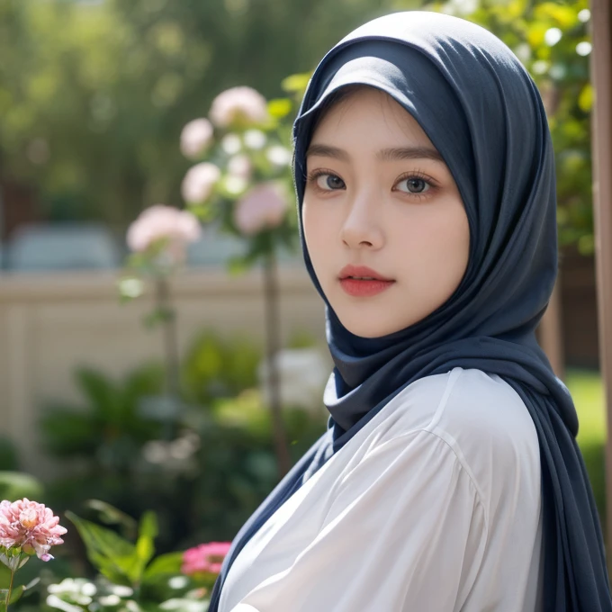 (realistic photos of Hijab Korean female, slightly smile,expressive eyes,eye makeup,flower garden background,standing posture,confident attitude,Eye-Level Shot, slightly blurry background,UHD,masterpiece:1.2,highres,16k), abaya