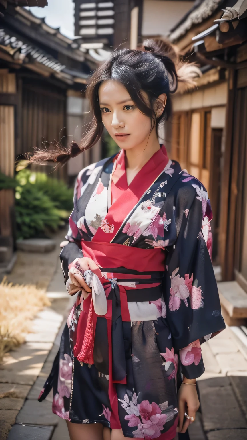 (((With background)、Old Japanese village、Shinobi no Sato:1.5)、Female Ninja training in the village)、(Realistic、Like a photograph、Live Action、8k, Realistic, RAW Photos, Best image quality: 1.4), Single-lens reflex camera、RAW Photos, highest quality, Realistic, Highly detailed CG Unity 8k wallpaper, Written boundary depth, Cinematic Light, Lens flare, Ray Tracing, Realistic background、((ninja style:1.5、Ninja:1.1、kunoichi:1.4)、Sexy Ninja:1.37、Get into fighting mode:1.3、Activating Ninjutsu:1.2、Trained abdominal muscles、Big Breasts)、Grey Hair、short hair、Standing in the village、Night Village、((ultra high density skin))、 1 girl,Cute Kunoichi、((whole body:1.5)),Looking at the audience:1.1、I like that style、Pay attention to the details、Perfect outfit、(Accurate Arm、Accurate feet、Beautiful feet、Precise thighs、Anatomically correct body)、View from the front