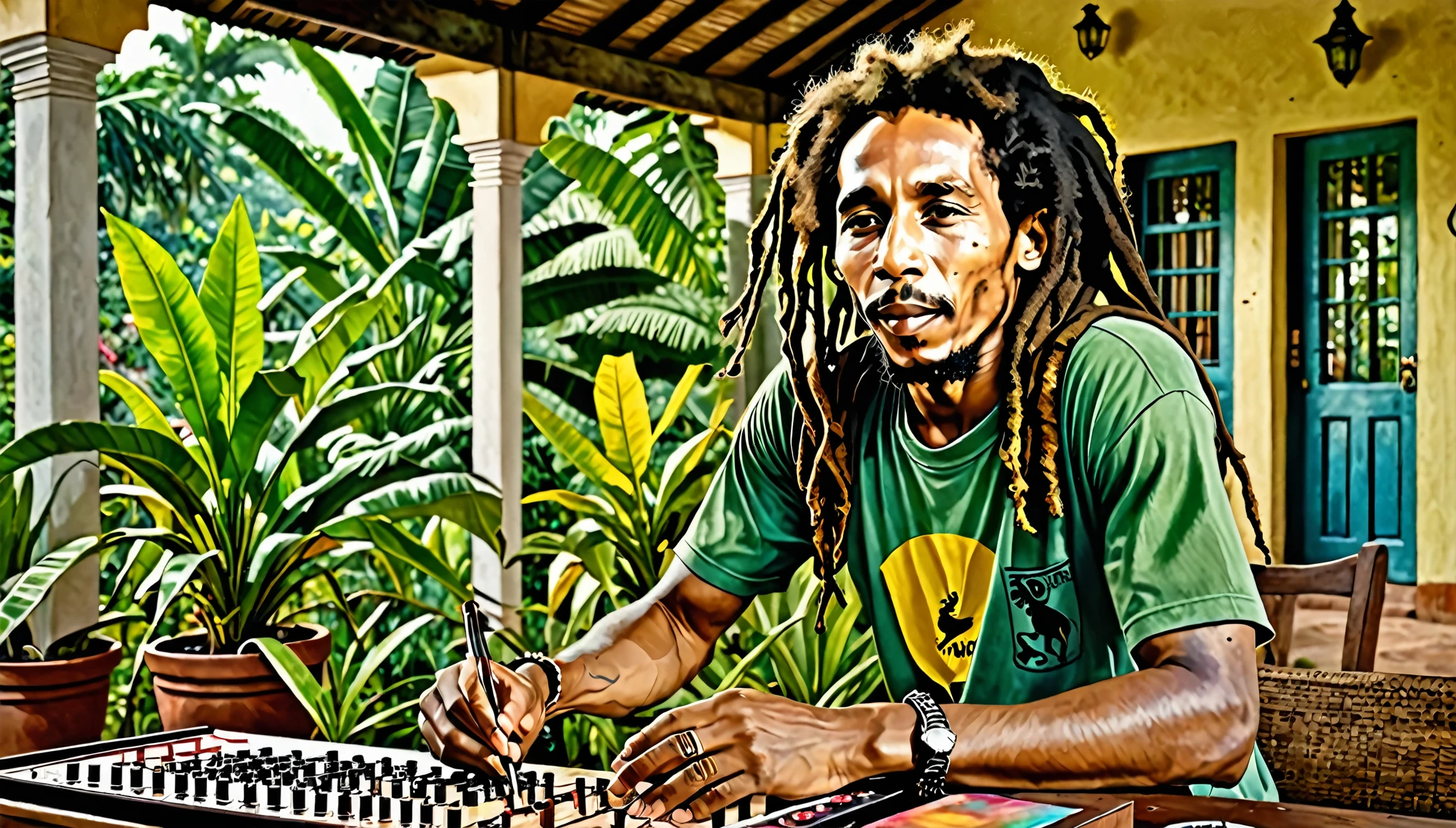Scene: Bob Marley at his house in Jamaica, trending on artstation, sharp focus, studio photo, intricate details, highly detailed, by greg rutkowski, Watercolor, trending on artstation, sharp focus, studio photo, intricate details, highly detailed, by greg rutkowski, Watercolor, trending on artstation, sharp focus, studio photo, intricate details, highly detailed, by greg rutkowski