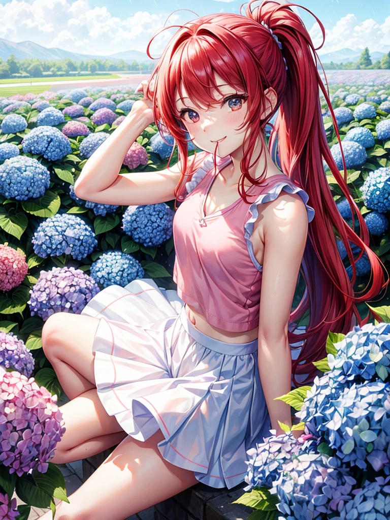 Masterpiece, top quality, blue sky horizon, raining, lots of hydrangeas, one girl, red hair, hair tied up, pink tank top, white hoodie, long white skirt, smile with mouth open, light blue sneakers