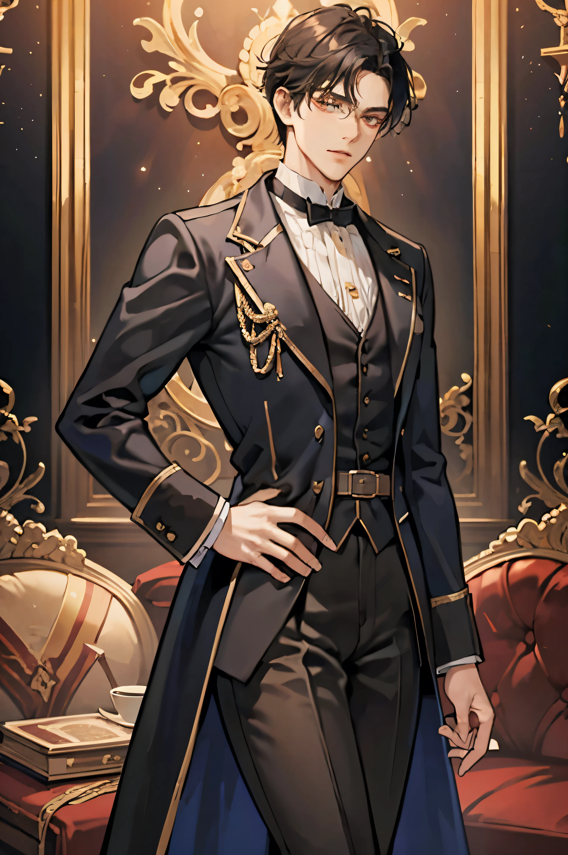 Victorian Era,Europe in the 18th century,male,22 years old,Bright brown eyes,black hair,Handsome,Slim,High,Simple and elegant aristocratic clothing, Standing in the luxurious banquet hall, Delicate and meticulous, 8K, Reality, Dramatic Lighting, high quality, Complex design, classical portrait
