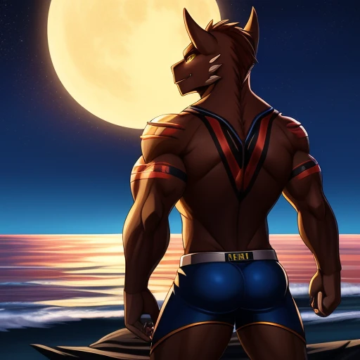 Muscular male dragonborn standing by the sea at night,There's this huge genital outline