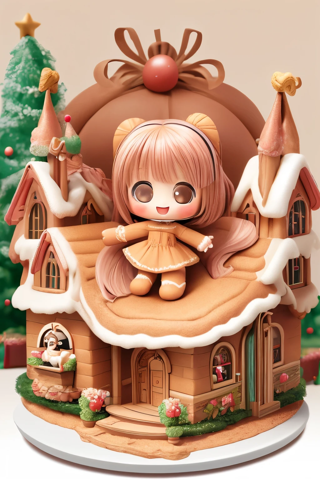 Photorealistic、Chibi Girl Doll（Posing cheerfully in front of a gingerbread house、Dynamic Pose）