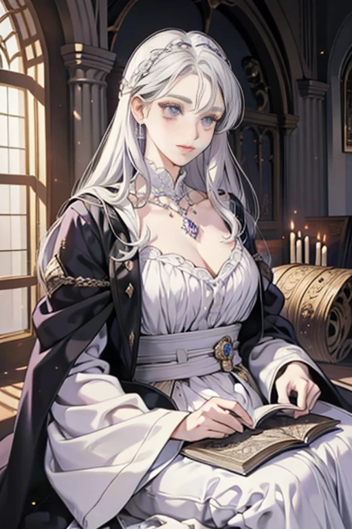 Beautiful woman reading in a medieval castle,long silvery-white hair,light purple eyes,robe noire,bijoux,temperament,Full HD,Beaucoup de détails,Cinematic texture,light,Meticulously drawn,atmosphère