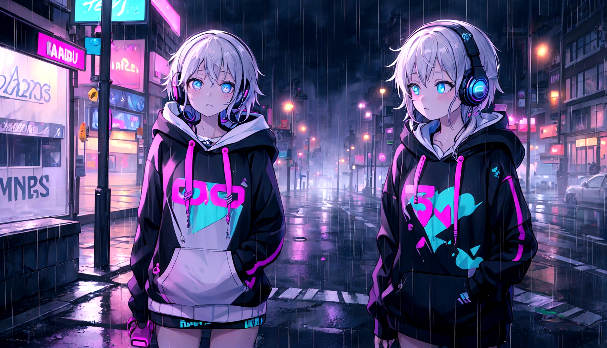 masterpiece,One girl,alone,Incredibly absurd,hoodie,Headphones, street,Outdoor,rain,Neon Light,