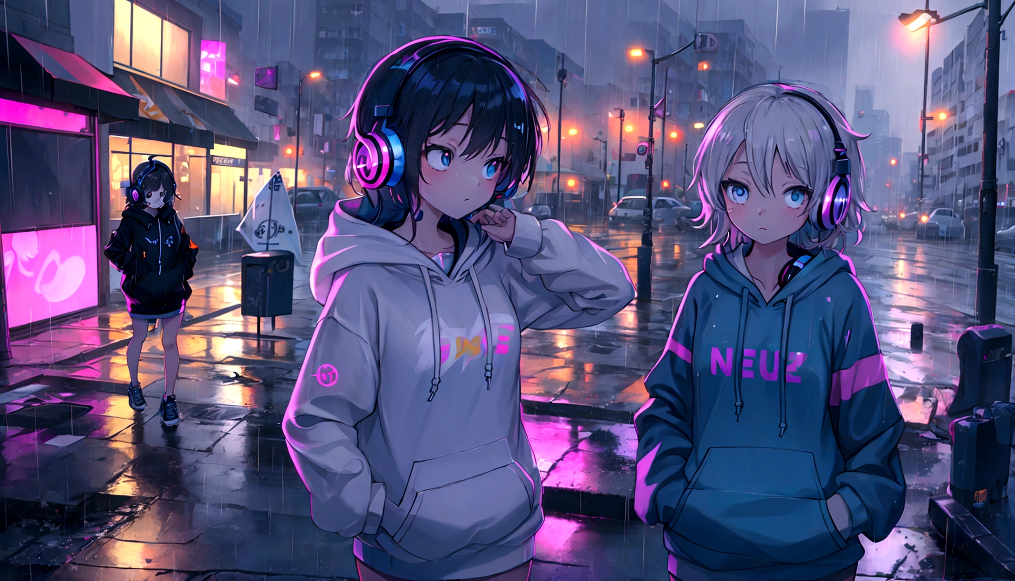 masterpiece,One girl,alone,Incredibly absurd,hoodie,Headphones, street,Outdoor,rain,Neon Light,