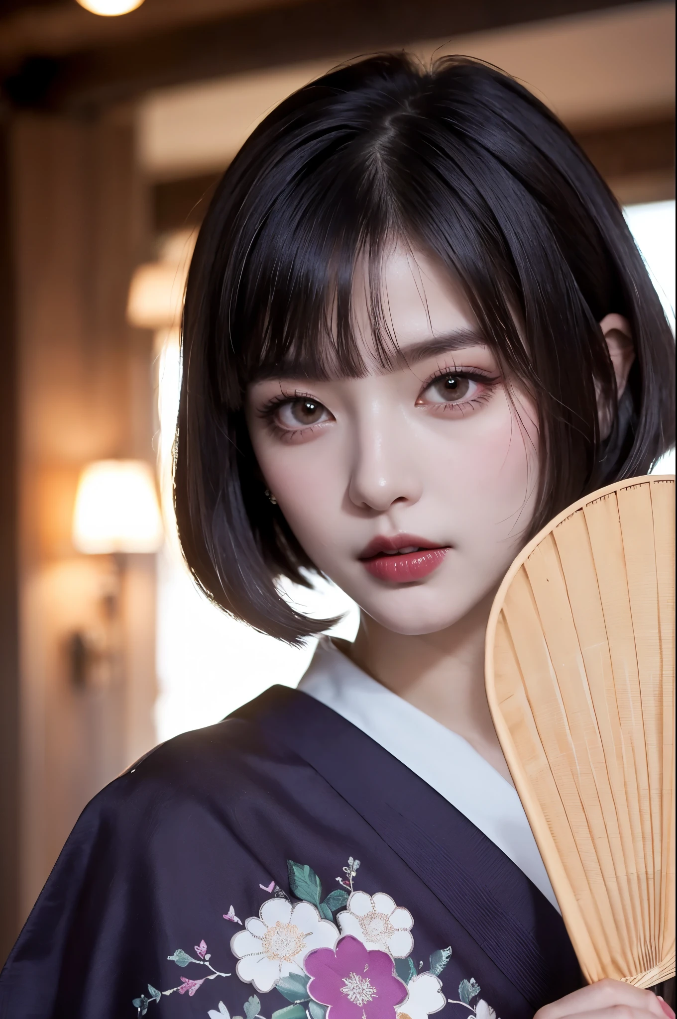 ulzzang-6500-v1.1, (RAW Photos:1.2), (Photorealistic), (Genuine:1.4), (Pieces fly), Elegant woman with a perfect figure: 1.3, Jet Black Hair、((Straight bob cut with neatly trimmed ends,short hair、bangs))、(She is wearing a deep purple furisode with an elegant pattern..)、Holding a closed fan、Majestic Hall々, (A look full of murderous intent:1.2)、 Highly detailed face and skin, Fine Eyes, double eyelid, (Full Body Shot:1.3)、Wearing short boots、