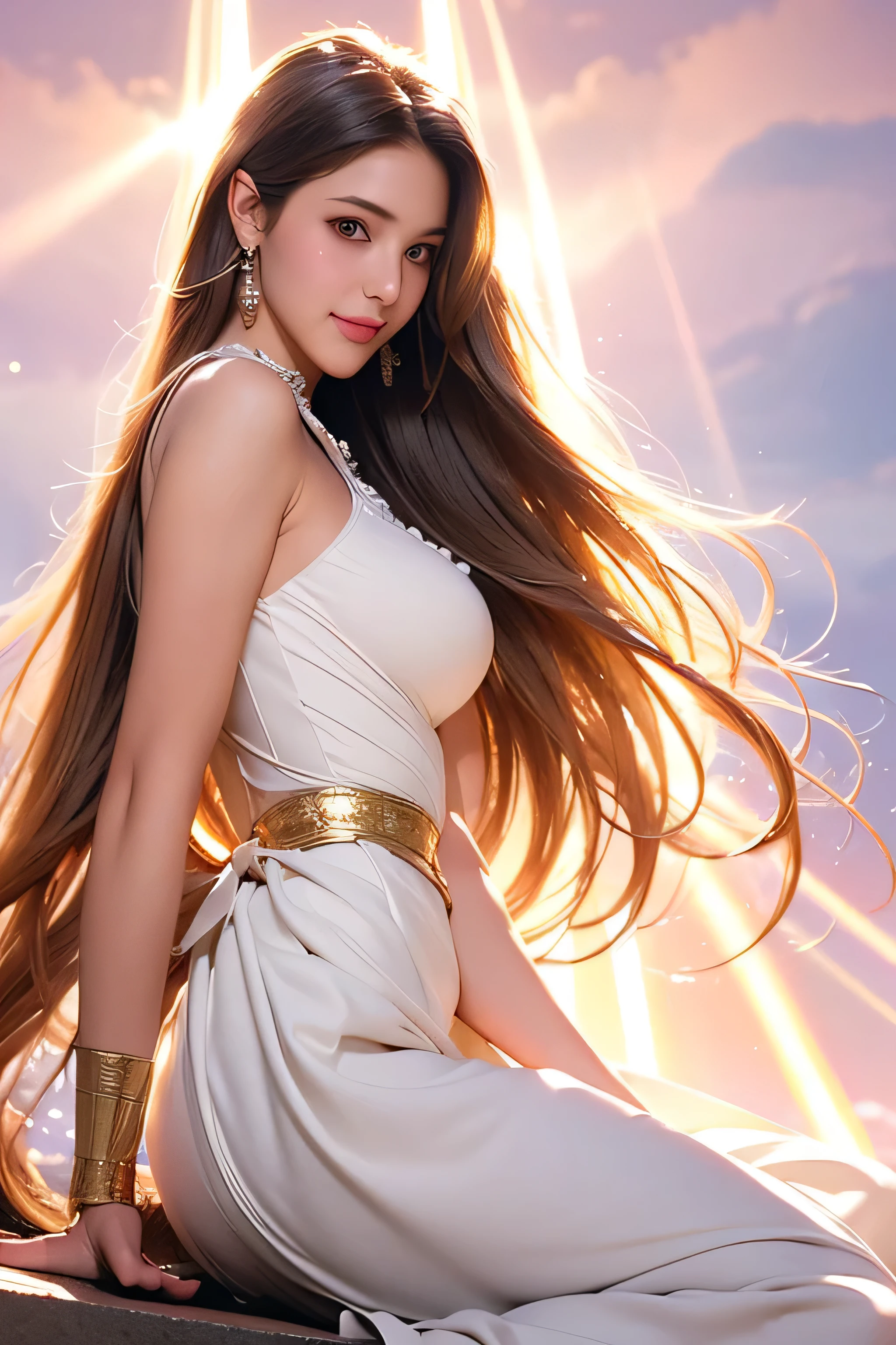 18 year old beautiful girl, Big eyes, Big Breasts, thin, 8k, highest quality, (Very detailed head: 1.0), (Highly detailed face: 1.0), (Very thin hair: 1.0), Maid clothes, High-resolution official artwork, Anime Moe Art Style, Beautiful and detailed anime art, smile, Blonde, Long straight hair_Hair reaching down to the waist、full figure supermodel standing, entire body in frame、((Place your left hand gently on your chin:1.3))、gold necklace＿Large earrings,fullbody shot、((light rays,Tyndall effect,outdoor,cloud:1.4)),((From an oblique angle above:1.5)),((wearing brown high heels_12cm:1.4))