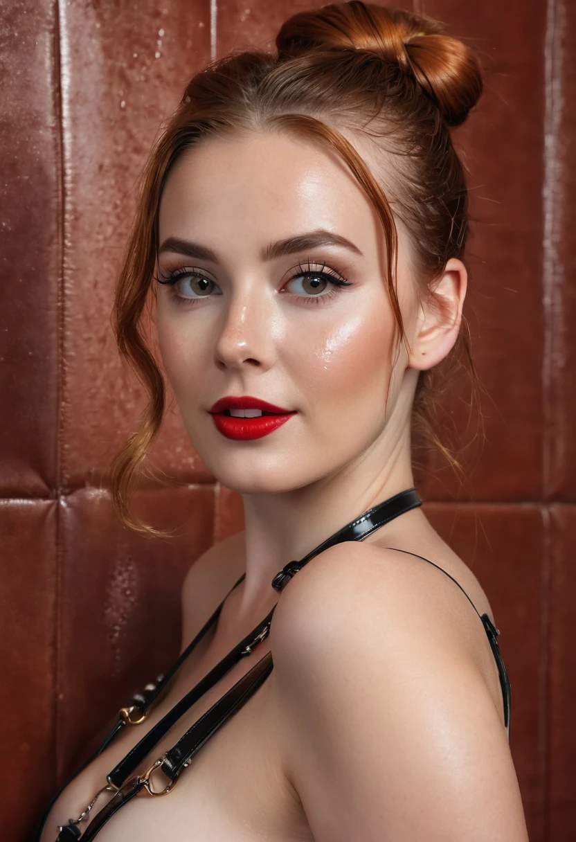 hyperrealistic beautiful busty 30-year-old woman with long legs nude with kittenish latex harness, model shooting full body photography, natural redhead classic bun, freckles, soaky wet skin, dark eye makeup with eyeliner, seductive smile, red lips, small necklace, 8K, Best quality, Meisterwerk, ultra high resolution, (Realismus: 1.4), Originalfoto, (realistische Hautstruktur: 1.3), (Filmkorn: 1.3), (Selfie-Winkel), 1 girl, Beautiful round hazel eyes and facial details, Meisterwerk, Best quality, indoor photography in front of a shiny leather wall, nsfw