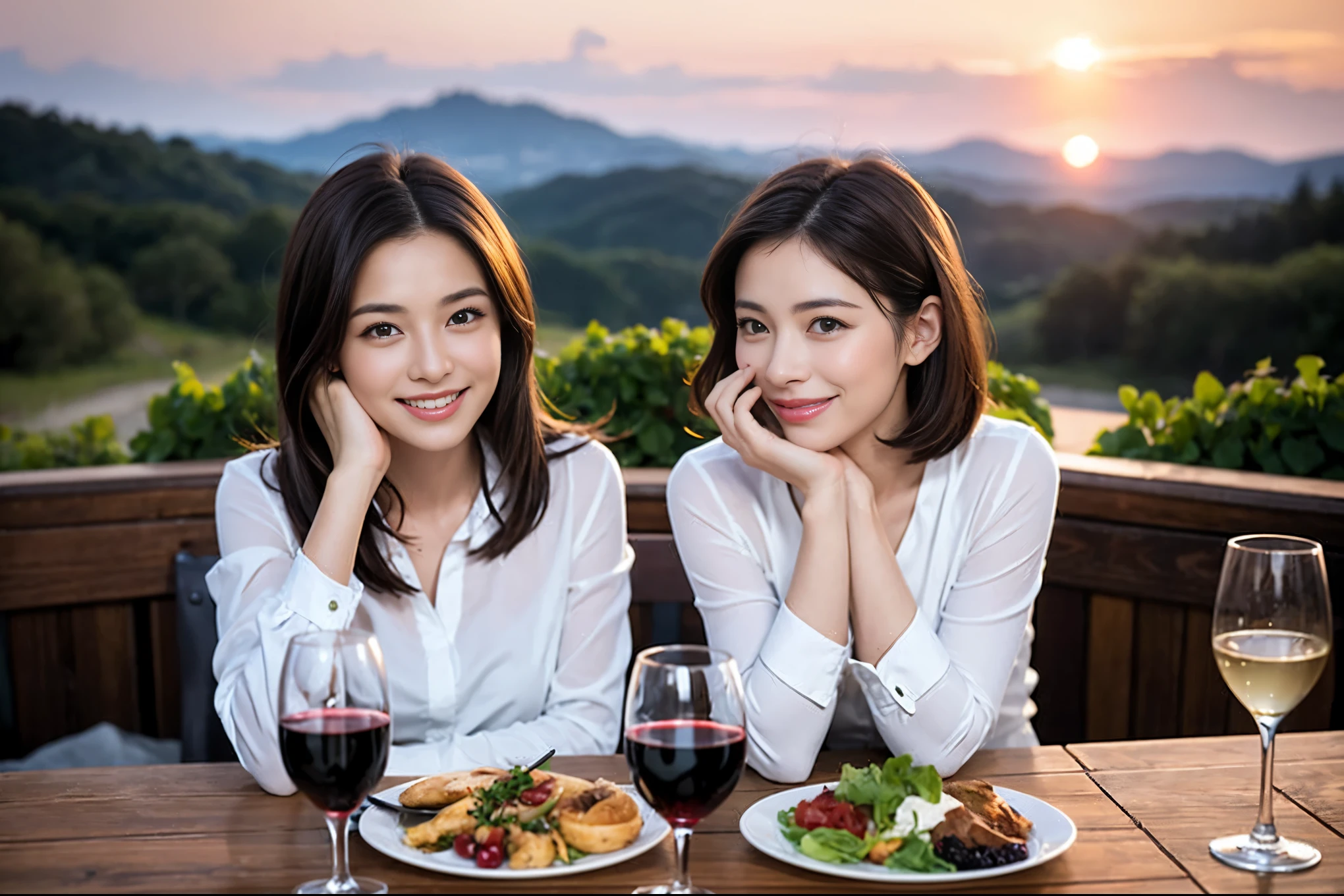 ((highest quality、8k、masterpiece:1.3))、1 male 1 female、Lovers、beautiful couple、Japanese couple、Happy Smile、 (Slim face), (The body is スリム), (Brown Hair), (Shortcuts), ((Bob Hale、Straight hair:1.2)), テーブルの上のwine glass、Please put light on my face、 Amazing view of the sunset sky and clouds、Amazing mountain views、The wonderfulness of smiles、Bright image、Blushing, Shortcuts,Bright Face、 (36 years old), 39 years old, red wine 、Appetizers、Italian food、Wine bottle、Champagne、sparkling wine、Long sleeve shirt、dress、Attractive beauty、restaurant, Nova Frog Style, actress, model, Upper Body, White wine, red wine, wine glass, 
