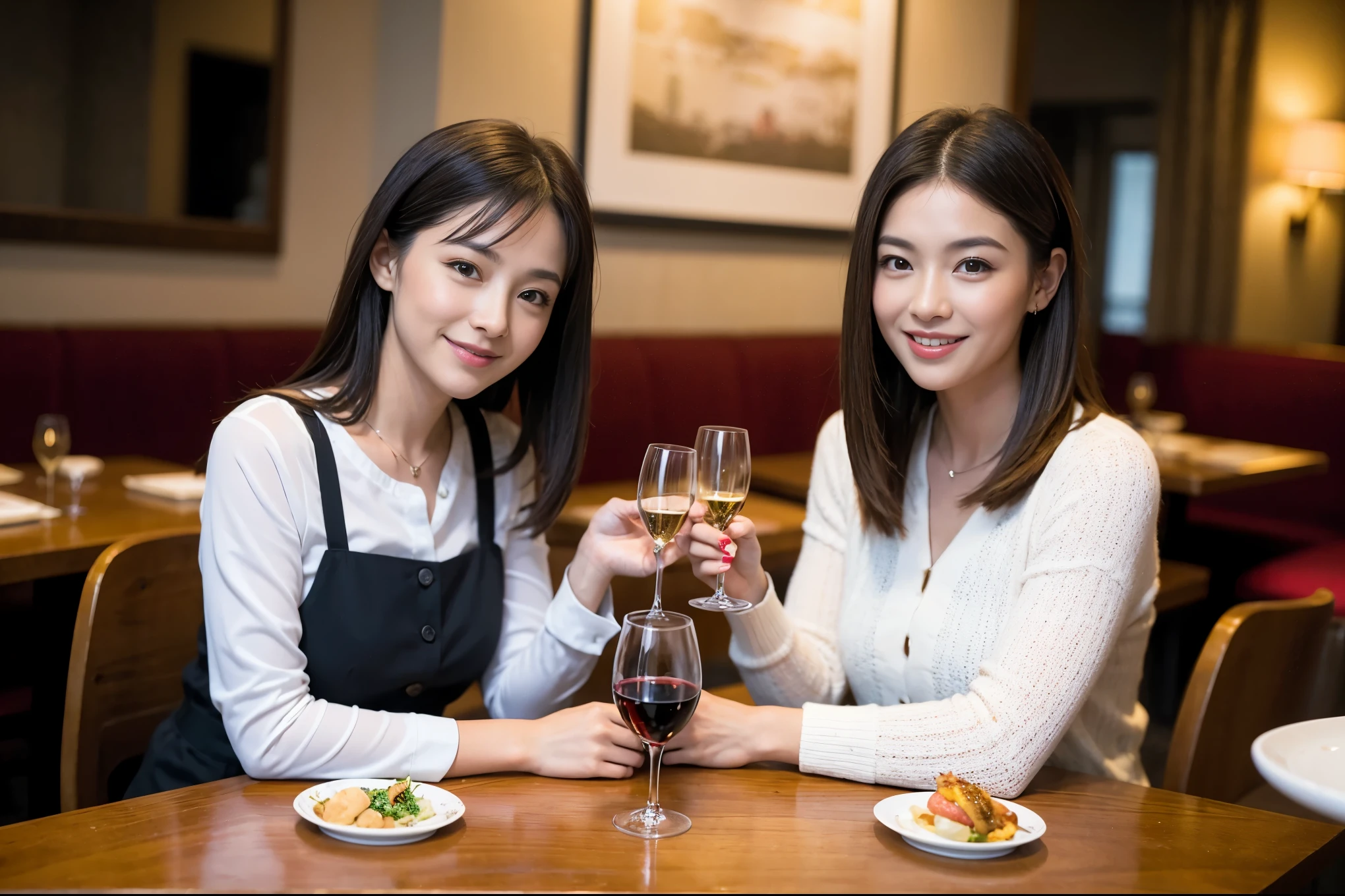 ((highest quality、8k、masterpiece:1.3))、1 male 1 female、Lovers、beautiful couple、Japanese couple、Happy Smile、 (Slim face), (The body is スリム), (Brown Hair), (Shortcuts), ((Bob Hale、Straight hair:1.2)), テーブルの上のwine glass、Please put light on my face、 Amazing view of the sunset sky and clouds、Amazing mountain views、The wonderfulness of smiles、Bright image、Blushing, Shortcuts,Bright Face、 (36 years old), 39 years old, red wine 、Appetizers、Italian food、Wine bottle、Champagne、sparkling wine、Long sleeve shirt、dress、Attractive beauty、restaurant, Nova Frog Style, actress, model, Upper Body, White wine, red wine, wine glass, 