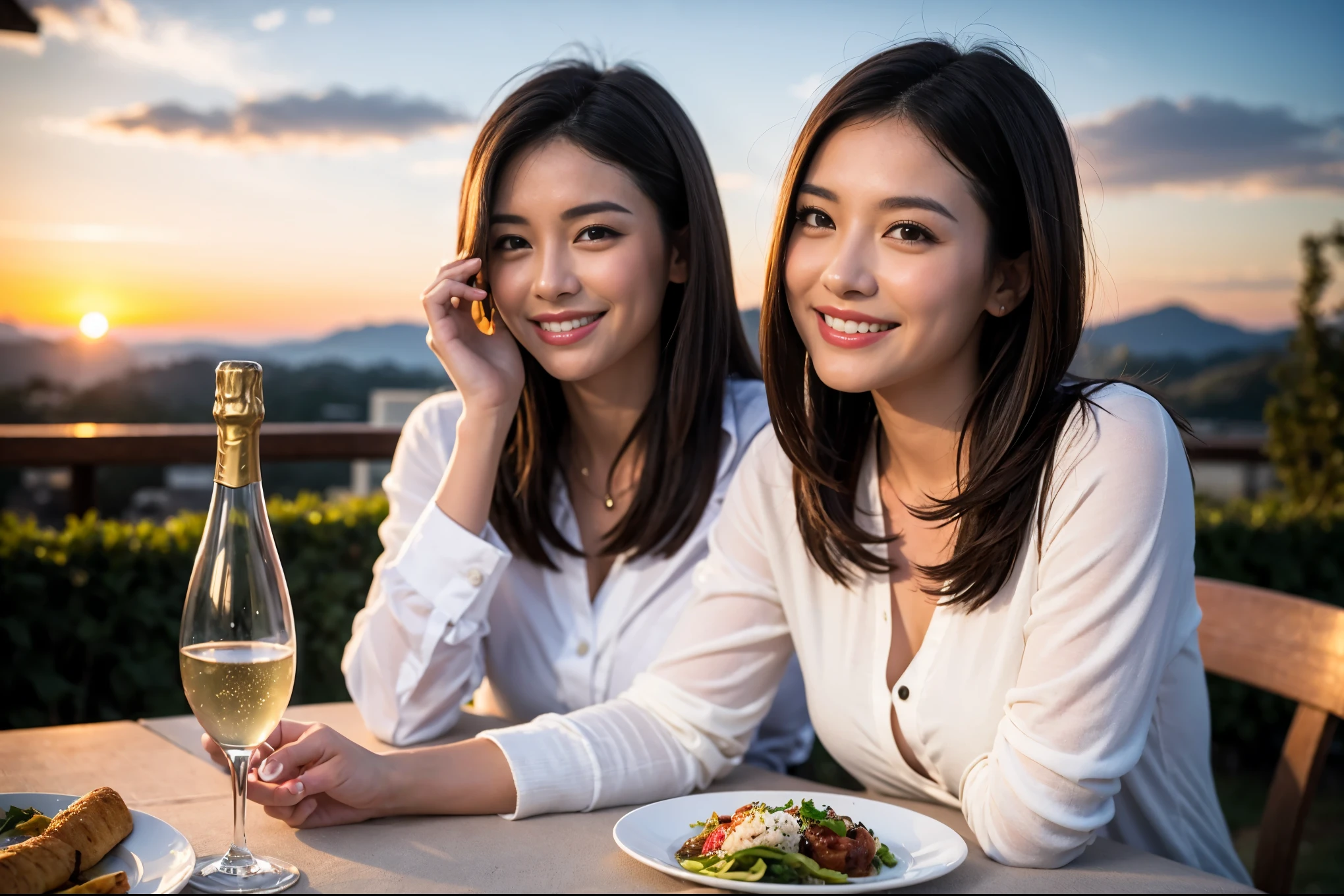 ((highest quality、8k、masterpiece:1.3))、1 male 1 female、Lovers、beautiful couple、Japanese couple、Happy Smile、 (Slim face), (The body is スリム), (Brown Hair), (Shortcuts), ((Bob Hale、Straight hair:1.2)), テーブルの上のwine glass、Please put light on my face、 Amazing view of the sunset sky and clouds、Amazing mountain views、The wonderfulness of smiles、Bright image、Blushing, Shortcuts,Bright Face、 (36 years old), 39 years old, red wine 、Appetizers、Italian food、Wine bottle、Champagne、sparkling wine、Long sleeve shirt、dress、Attractive beauty、restaurant, Nova Frog Style, actress, model, Upper Body, White wine, red wine, wine glass, 