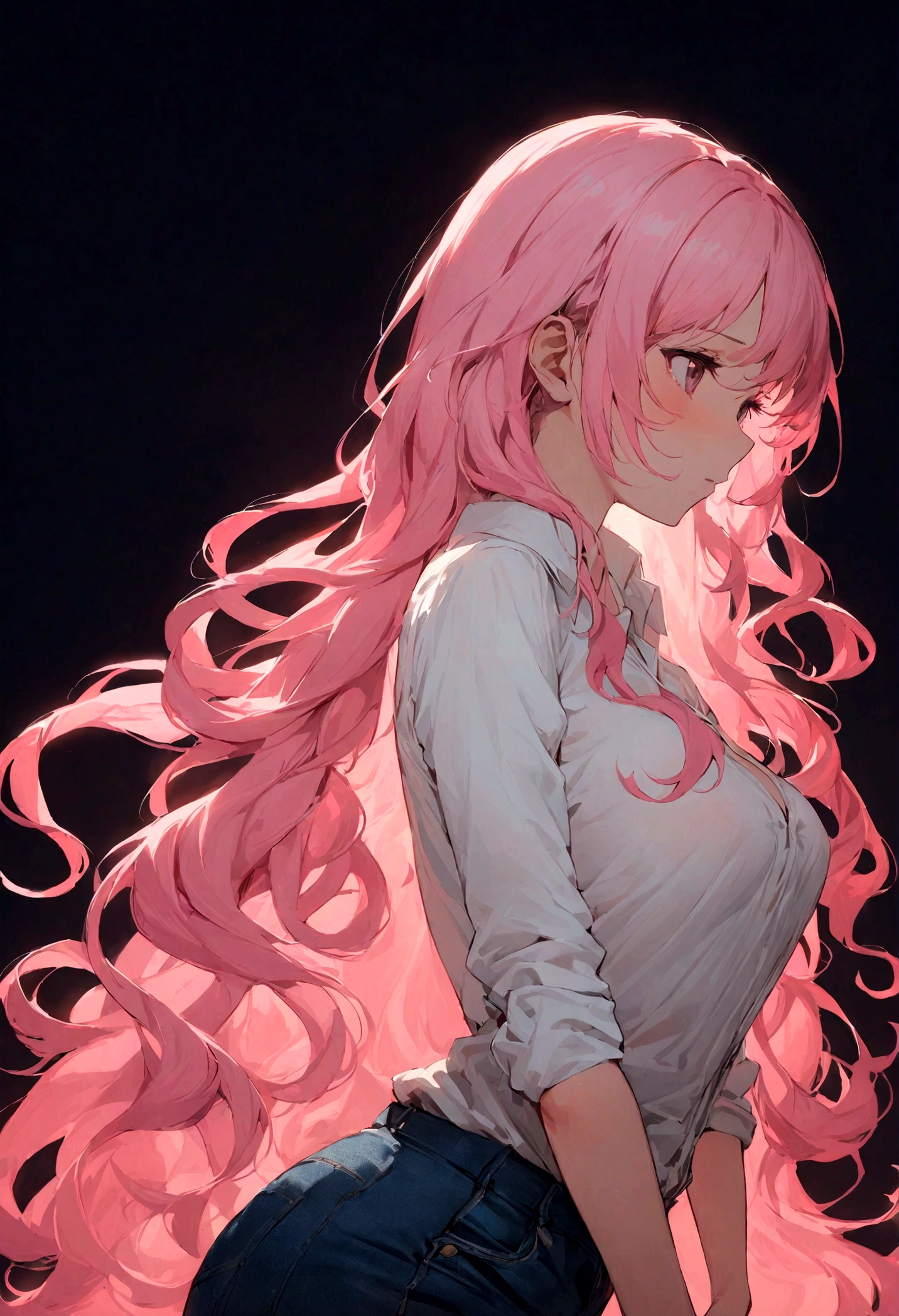 Girl with long length wavy pink hair and serene expression. She wears a tight-fitting white button-down shirt with bare breasts and rolled-up sleeves and a denim miniskirt. The image of her has a dark background with studio lighting that accentuates her silhouette and the fabric of her clothing. pose sexy nsfw