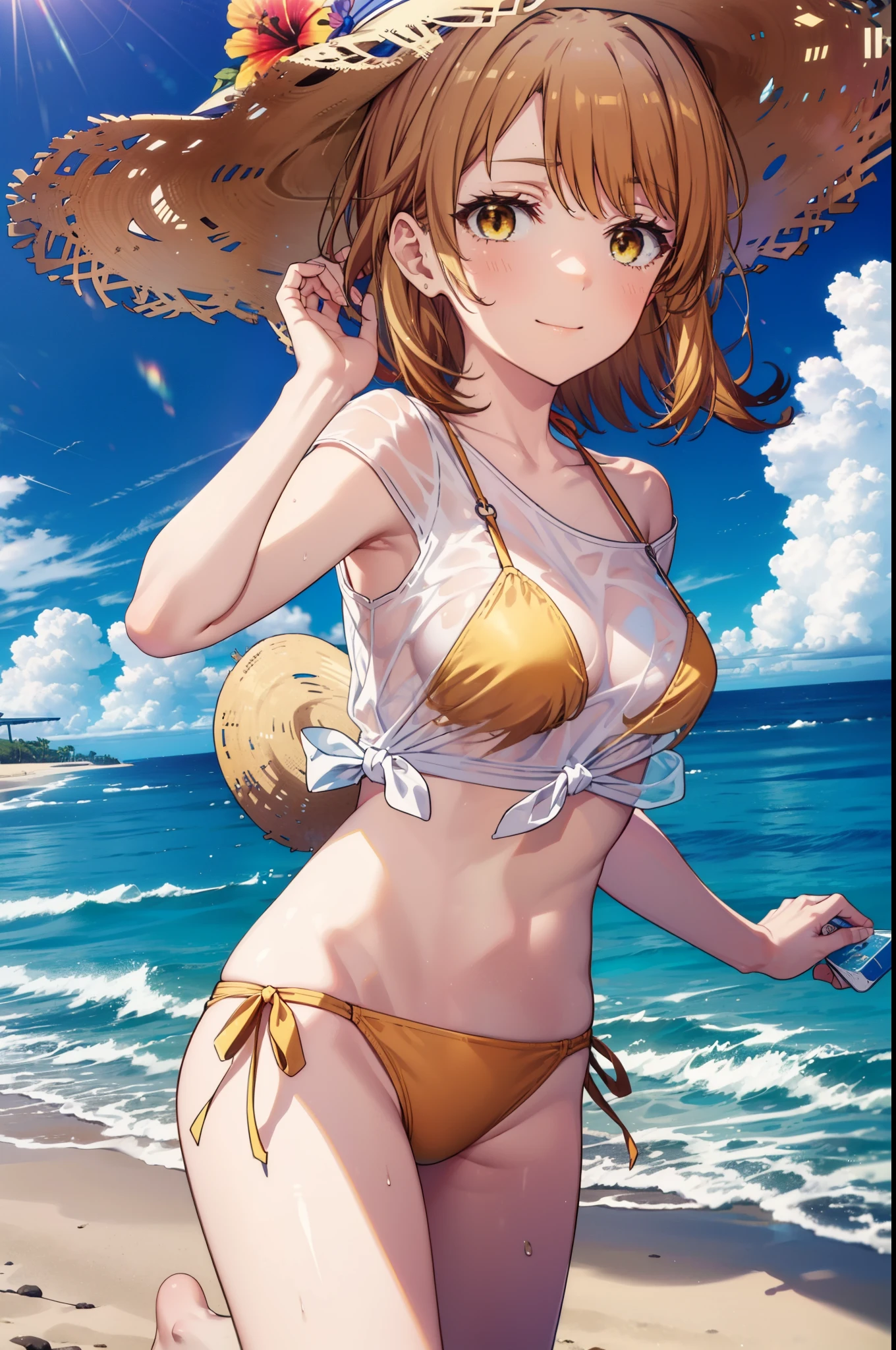 irohaisshiki, iroha isshiki, short hair, Brown Hair, (Brown eyes:1.5), smile,Yellow bikini swimsuit,Hibiscus hair accessory,Oversized shoulder t-shirt,barefoot,Big straw hat,Palm tree,Clear skies,whole bodyがイラストに入るように,Walking,
break outdoors, Beach,Sandy Beach,
break looking at viewer,whole body,
break (masterpiece:1.2), highest quality, High resolution, unity 8k wallpaper, (figure:0.8), (Beautiful fine details:1.6), Highly detailed face, Perfect lighting, Highly detailed CG, (Perfect hands, Perfect Anatomy),