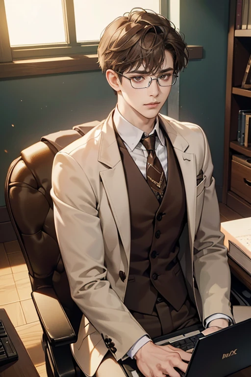 (tmasterpiece, high resolution, ultra - detailed:1.0), (1 boy, Young male), Eyes looking at the camera, Perfect male body, Extremely detailed CG, 8K wallpaper, Complicated details, solo person, Detailed face,(Brown hair, brown eyes, white shirt, brown coat,brown suit vest, Glasses, gloomy face, Sit in front of laptop, Behind it there is a large bookcase, sitting at the work desk, was in the work room), color difference, Depth of field, dramatic shadow, Ray tracing, Best quality, Cinematic lighting, dark room lighting, offcial art