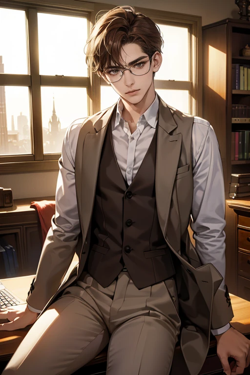 (tmasterpiece, high resolution, ultra - detailed:1.0), (1 boy, Young male), Eyes looking at the camera, Perfect male body, Extremely detailed CG, 8K wallpaper, Complicated details, solo person, Detailed face,(Brown hair, brown eyes, white shirt, brown coat,brown suit vest, Glasses, gloomy face, Sit in front of laptop, Behind it there is a large bookcase, sitting at the work desk, was in the work room), color difference, Depth of field, dramatic shadow, Ray tracing, Best quality, Cinematic lighting, dark room lighting, offcial art