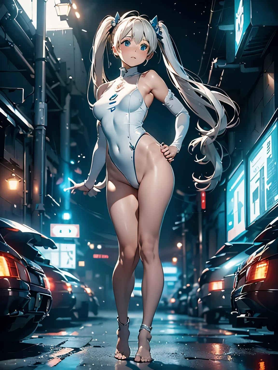 (masterpiece、highest quality、highest quality、Official Art、Beautiful and beautiful:1.2)、(One girl:1.3)Hatsune Miku、Twin tails,Beautiful breasts,(((Pixel Perfect, Perfect in every detail))), One girl, Superhero, leotard, highleg leotard, barefoot, boots, Are standing, Focus Only, Golden Belt, Hands on hips, Full Body Shot, universe, No sleeve, Ultra-high resolution, Absurd, Beautiful Face, Fine grain, Symmetrical eyes, Perfect body, Good balance. Luminous body, Diffraction Spikes, Particles of light, Power ups