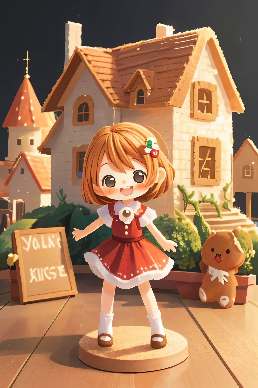 Photorealistic、Chibi Girl Doll（Posing cheerfully in front of a gingerbread house、Dynamic Pose）