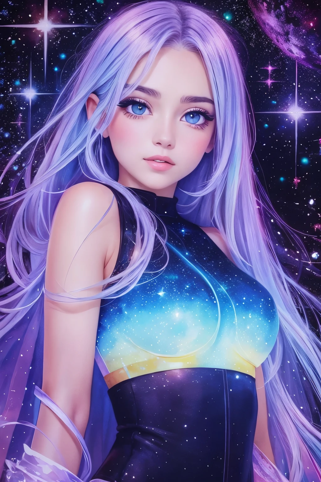Beautiful girl, watercolor painting, The background is a sparkling universe.