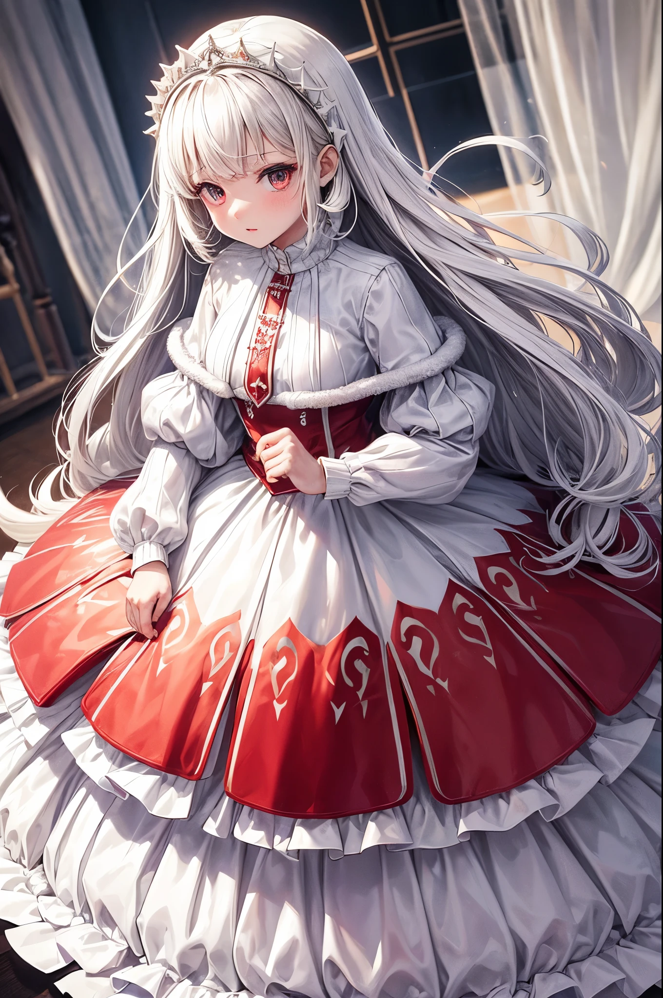 10 year old girl, White and red medieval dress, Super voluminous skirt, Round Princess Skirt, High throat, Cover the body from neck to toe, Covered neck, Wearing a long black fur jacket, white, translucent, A soft dress,