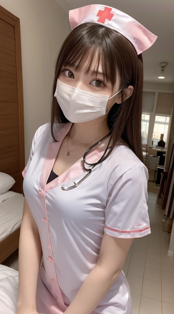 masutepiece, Best quality, One girl, (Beautiful girl:1.3), (18 years old:1.3), Very fine eye clarity, (Symmetrical eyes:1.3), (nurse costume:1.2), Beautiful breasts, Brown eyes, Parted bangs, Brown hair、Face masks
