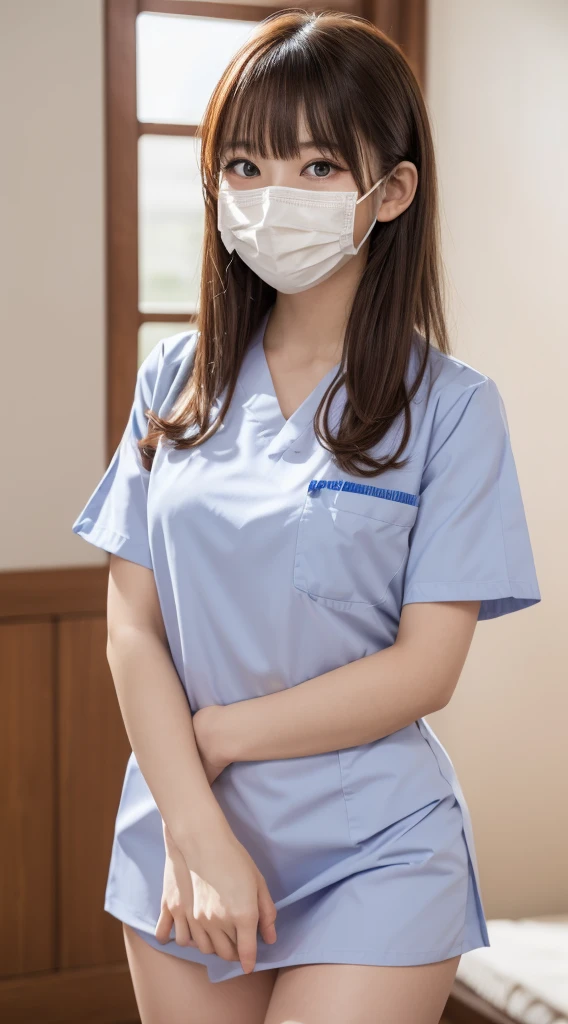 masutepiece, Best quality, One girl, (Beautiful girl:1.3), (18 years old:1.3), Very fine eye clarity, (Symmetrical eyes:1.3), (nurse costume:1.2), Beautiful breasts, Brown eyes, Parted bangs, Brown hair、Face masks