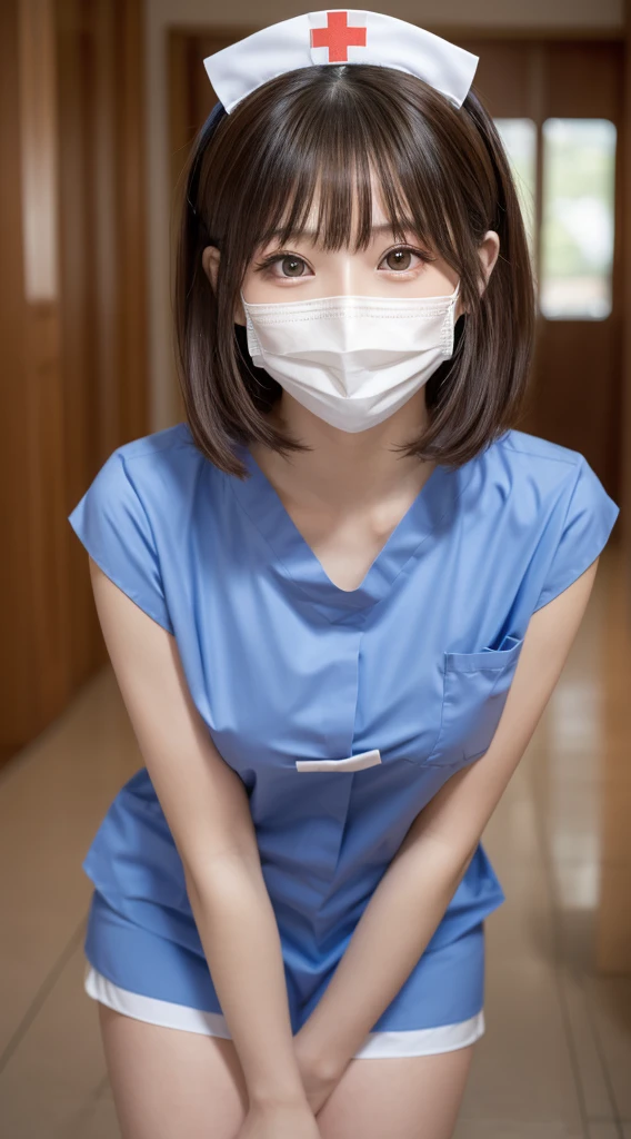 masutepiece, Best quality, One girl, (Beautiful girl:1.3), (18 years old:1.3), Very fine eye clarity, (Symmetrical eyes:1.3), (nurse costume:1.2), Beautiful breasts, Brown eyes, Parted bangs, Brown hair、Face masks