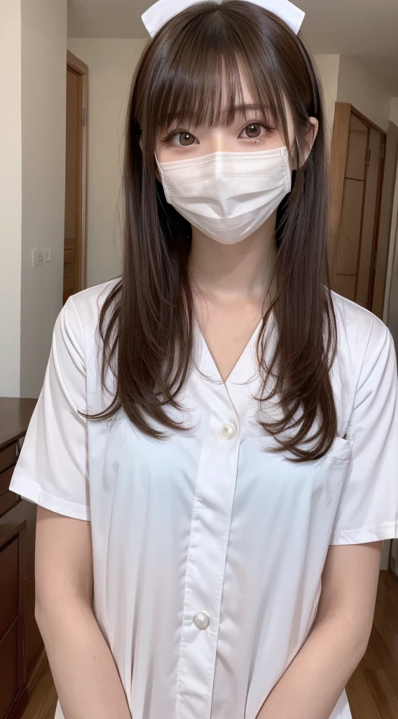 masutepiece, Best quality, One girl, (Beautiful girl:1.3), (18 years old:1.3), Very fine eye clarity, (Symmetrical eyes:1.3), (nurse costume:1.2), Beautiful breasts, Brown eyes, Parted bangs, Brown hair、Face masks