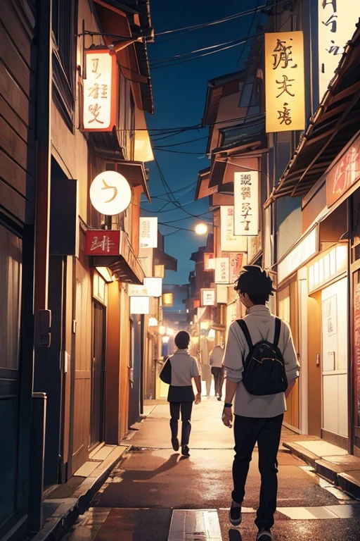 menino anime walking down the street with a white shirt on, um desenho de anime inspirado em Okumura Masanobu, tumblr, Shin Hanga, caminhada otaku, handsome guy in demon slayer art, jovem anime homem, estilo de arte anime moe, cara de anime alto com olhos azuis, menino anime, arte oficial, estilo de arte de anime de alta qualidade, como personagem de anime