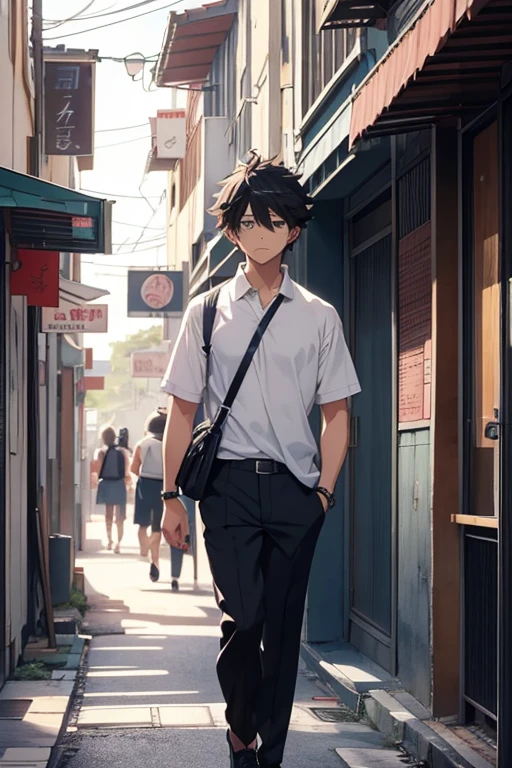  anime walking down the street with a white shirt on, um desenho de anime inspirado em Okumura Masanobu, tumblr, Shin Hanga, caminhada otaku, handsome guy in demon slayer art, jovem anime homem, estilo de arte anime moe, cara de anime alto com olhos azuis, menino, arte oficial, estilo de arte de anime de alta qualidade, como personagem de anime