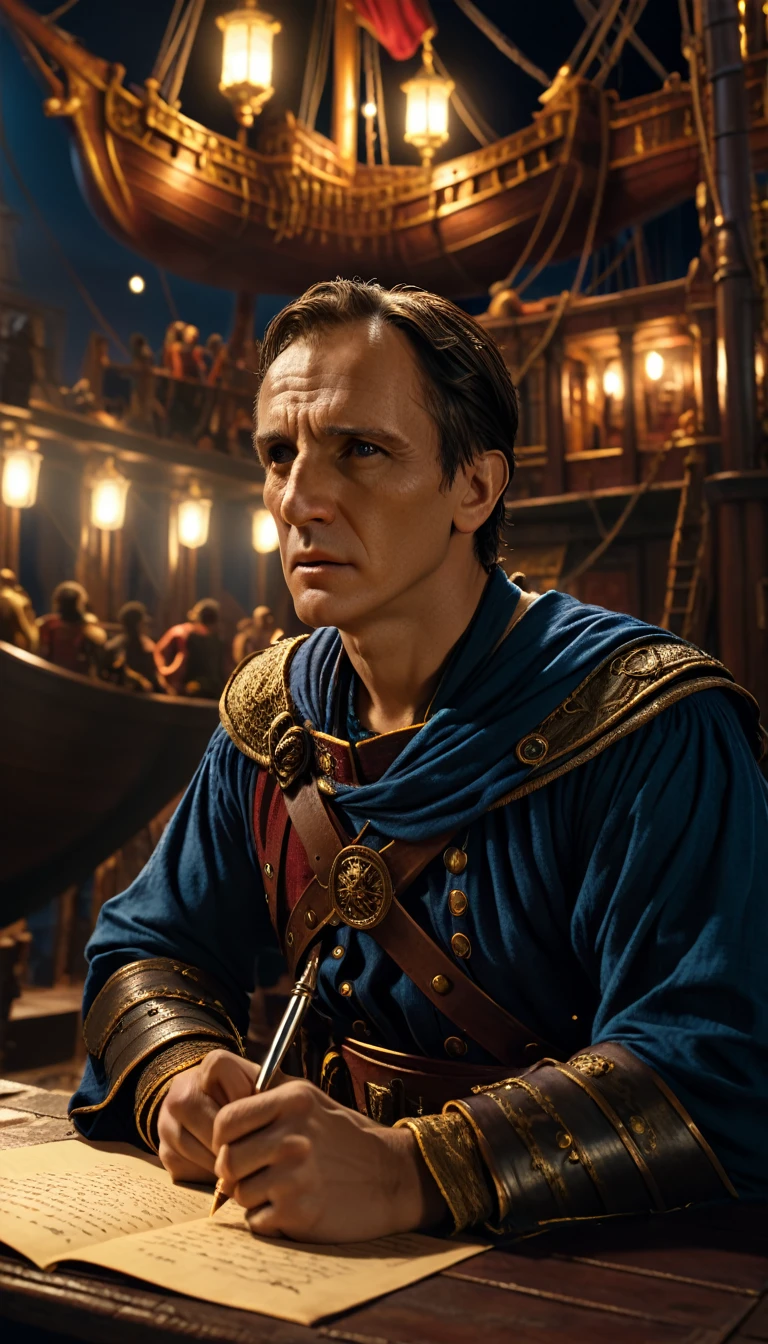 Cinematic style, Julius Caesar writing poetry on a pirate ship, background dark, hyper realistic, ultra detailed hyper realistic, photorealistic, Studio Lighting, reflections, dynamic pose, Cinematic, Color Grading, Photography, Shot on 50mm lens, Ultra-Wide Angle, Depth of Field, hyper-detailed, beautifully color, 8k, golden light from the front,