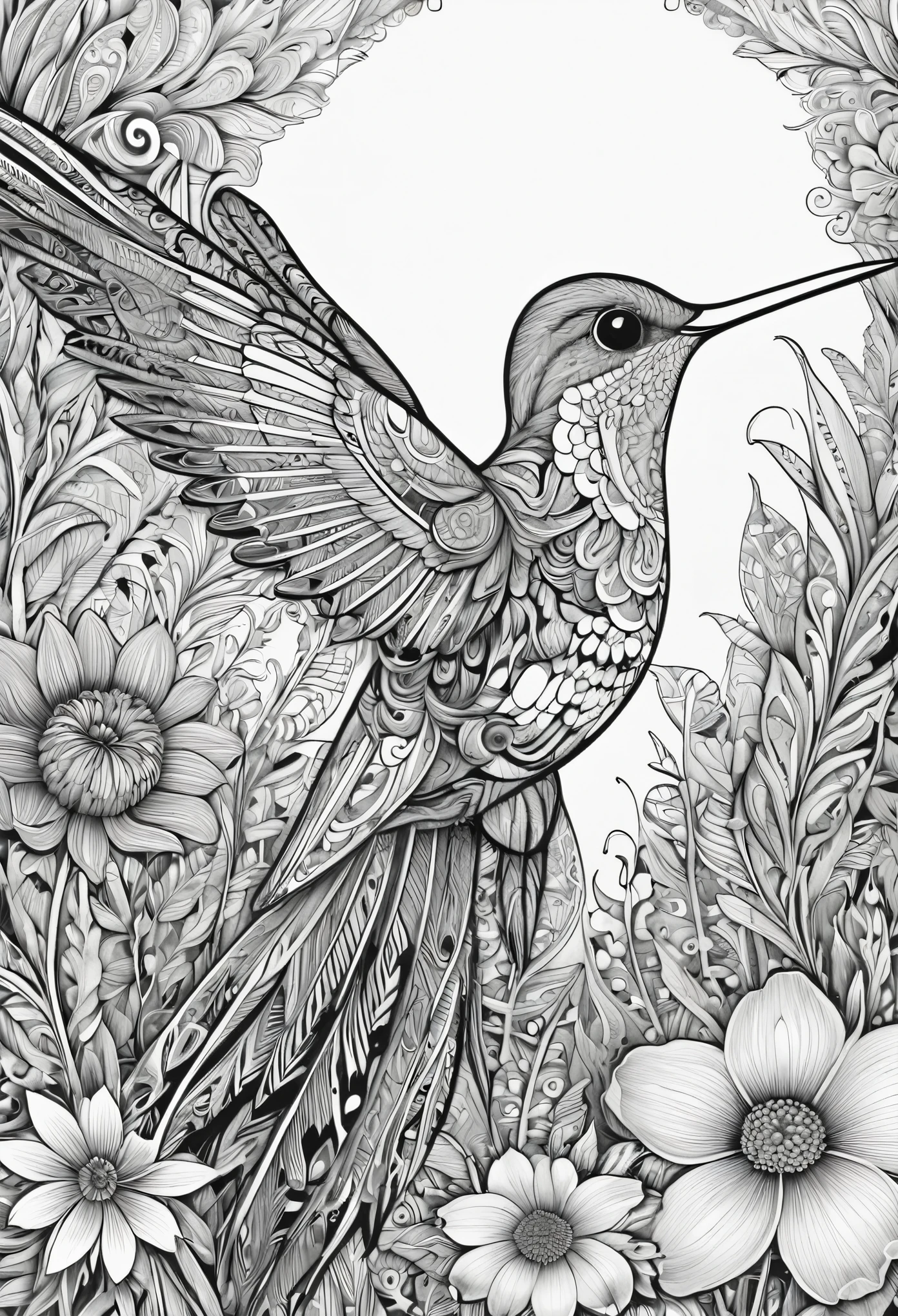 black and white, coloring page, A hummingbird perched on a flower, its feathers adorned with vibrant colors, set against a natural background. The hummingbird is depicted with intricate details, bold colors, and high-definition quality, immersing viewers in the scene.