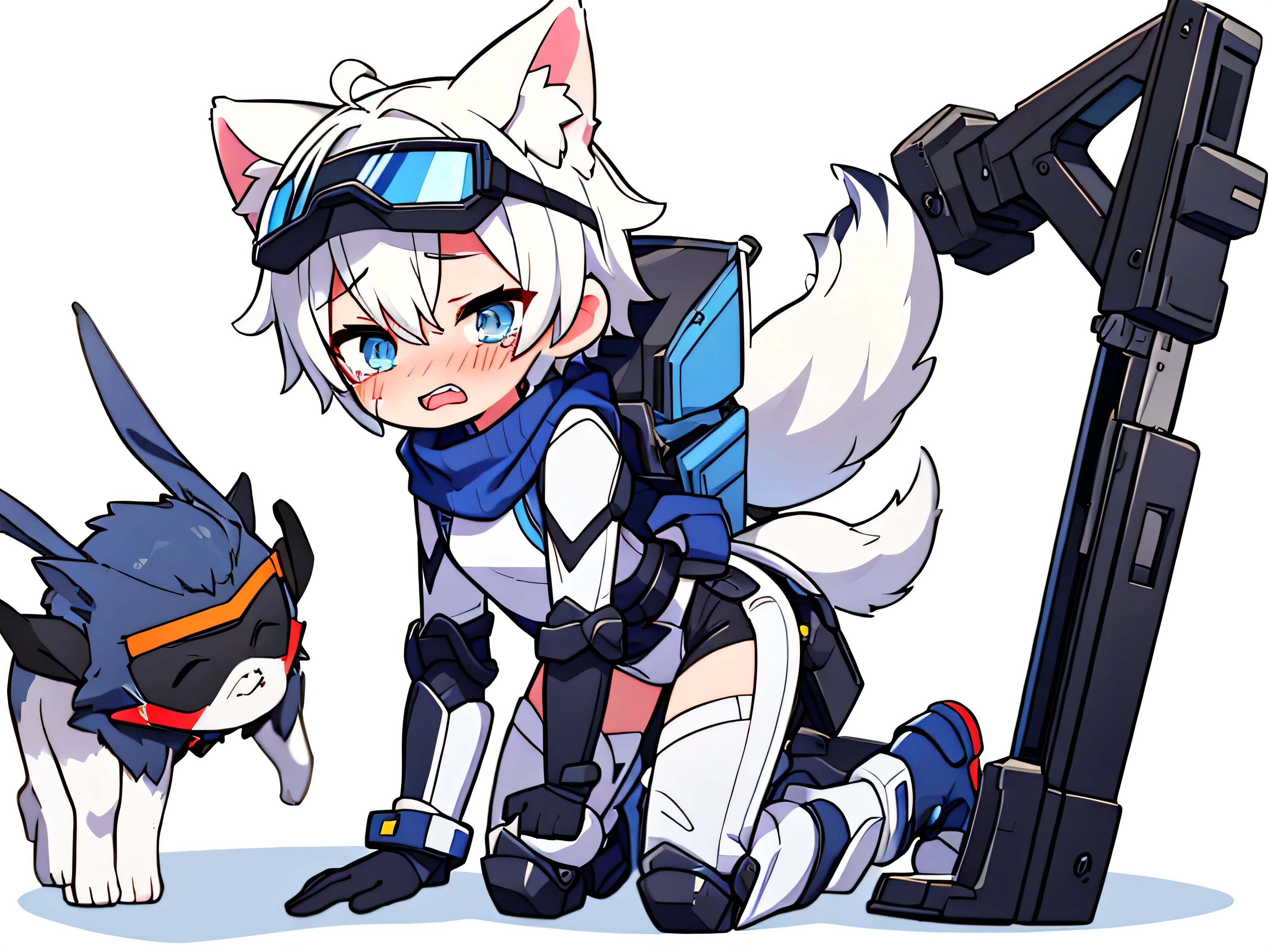 ((1 boy)),solo,straight hair,wolf ears,((blue visor goggles)) , Crying in pain,Grit your teeth,blood on body,close one eye,(transparent background),(Blue and white full body mechanical armor),turtleneck bodysuit,scarf,white boots, white tail,scars,game over,(all fours) , Shadow effects, ORZ, anatomically correct