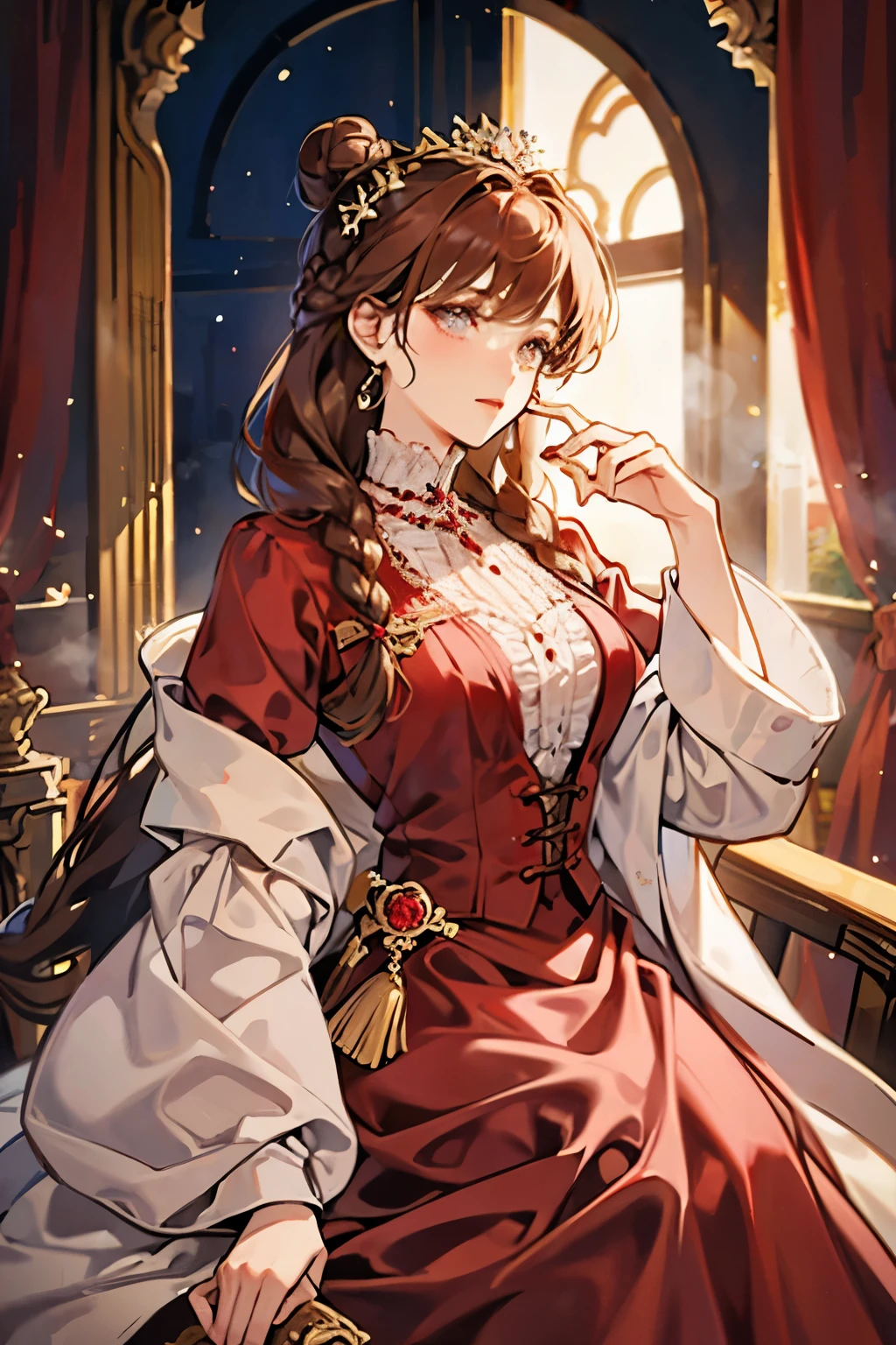 Beautiful aristocratic woman of victorian era, Europe in the 18th century, reddish brown hair,Exquisite high bun braid hairstyle, curls, elegant ballroom dress, Standing in the luxurious banquet hall, Delicate and meticulous, 8K, Reality, Dramatic Lighting, high quality, Complex design, classical portrait