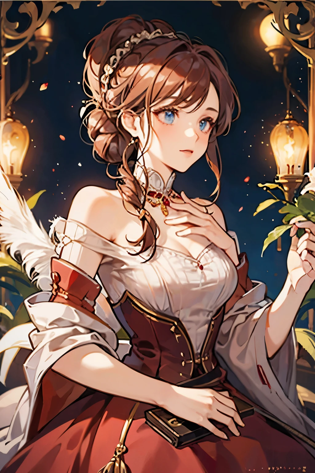 Beautiful aristocratic woman of victorian era, Europe in the 18th century, reddish brown hair,Exquisite high bun braid hairstyle, curls, elegant ballroom dress, Standing in the luxurious banquet hall, Delicate and meticulous, 8K, Reality, Dramatic Lighting, high quality, Complex design, classical portrait