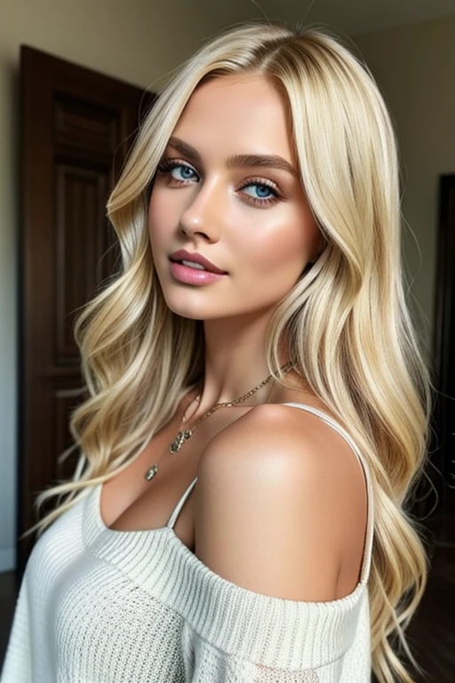 1girl in, 19, Solo, Long hair, Colossal , Looking at Viewer, blondehair, Bare shoulders, Brown eyes, jewely, Full body, a necklace, off shoulders, Sweaters, Realistic, A sexy