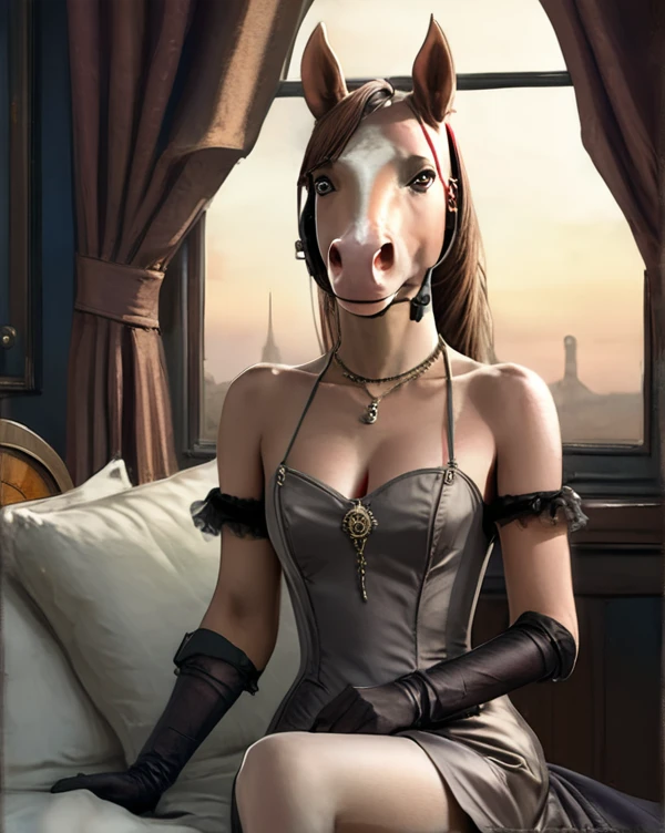 Horse furry, horse girl, horse face, horse ears, horse tail, wearing a evening dress, sit on bed, portrait, highly detailed, steampunk, fantasy, trending on artstation, character design, sharp focus, illustration, digital matte painting, 