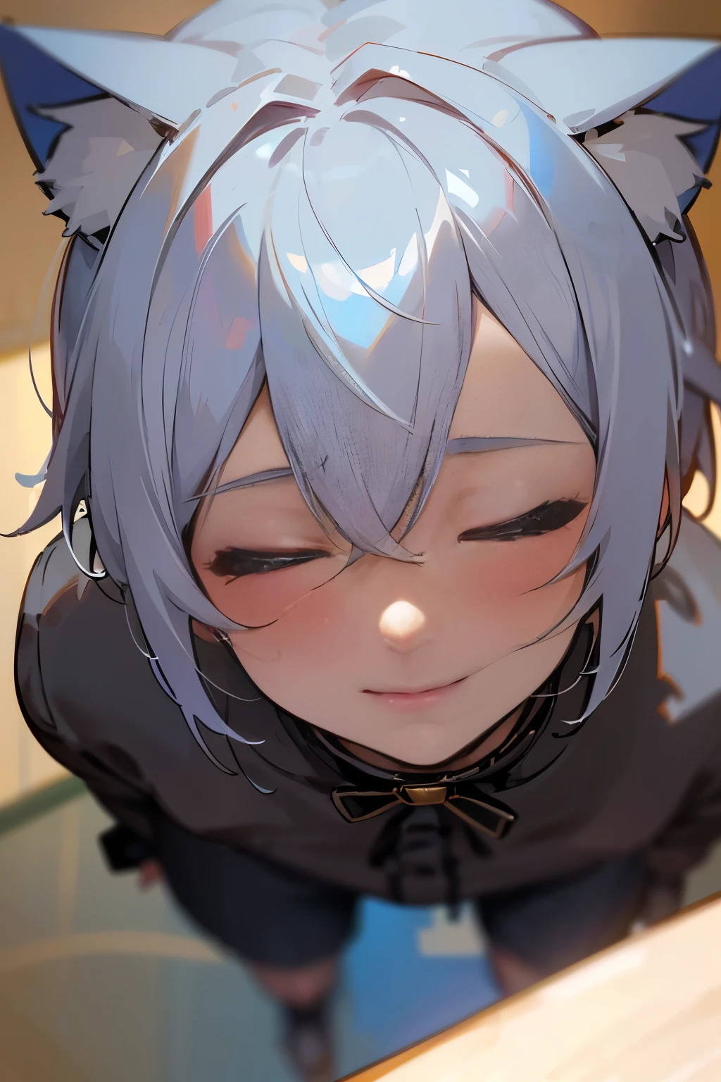 (male),smile,chat,超High resolution, retina, masterpiece, Accurate, Anatomically correct, Rough skin, Very detailed, Advanced Details, high quality, Awards, 最high quality, High resolution, High resolution, 4K,(anime,8k,masterpiece, 最high quality, 最high quality,beautifully、beautiful:1.2,Professional Illustration:1.1,Very detailed:1.3,Perfect lighting),Very detailed,Most detailed,High resolution,((A cute boy:1.5)), Cat ear,Silver Hair,short hair,evil lol,Upper Body,(ncoming kiss:1.5),(Focus on the face:1.5),(Cowboy Shot:1.5),(From above:1.5),(close your eyes:1.9),