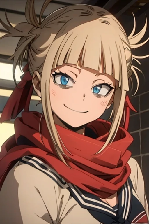Himikotoganova, (1 garota, Sozinho), (olhos perfeitos), cabelo loiro, duplo bom, Messy hair, franja, olhos amarelos, serafuku, bolsas sob os olhos, sorriso, boca aberta, saia azul, mangas compridas, red scarf, seios,