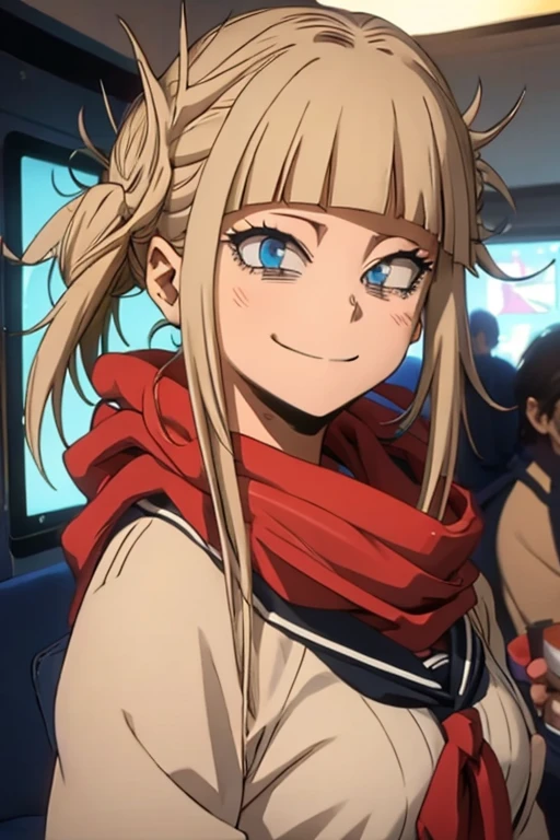 Himikotoganova, (1 garota, Sozinho), (olhos perfeitos), cabelo loiro, duplo bom, Messy hair, franja, olhos amarelos, serafuku, bolsas sob os olhos, sorriso, boca aberta, saia azul, mangas compridas, red scarf, seios, 