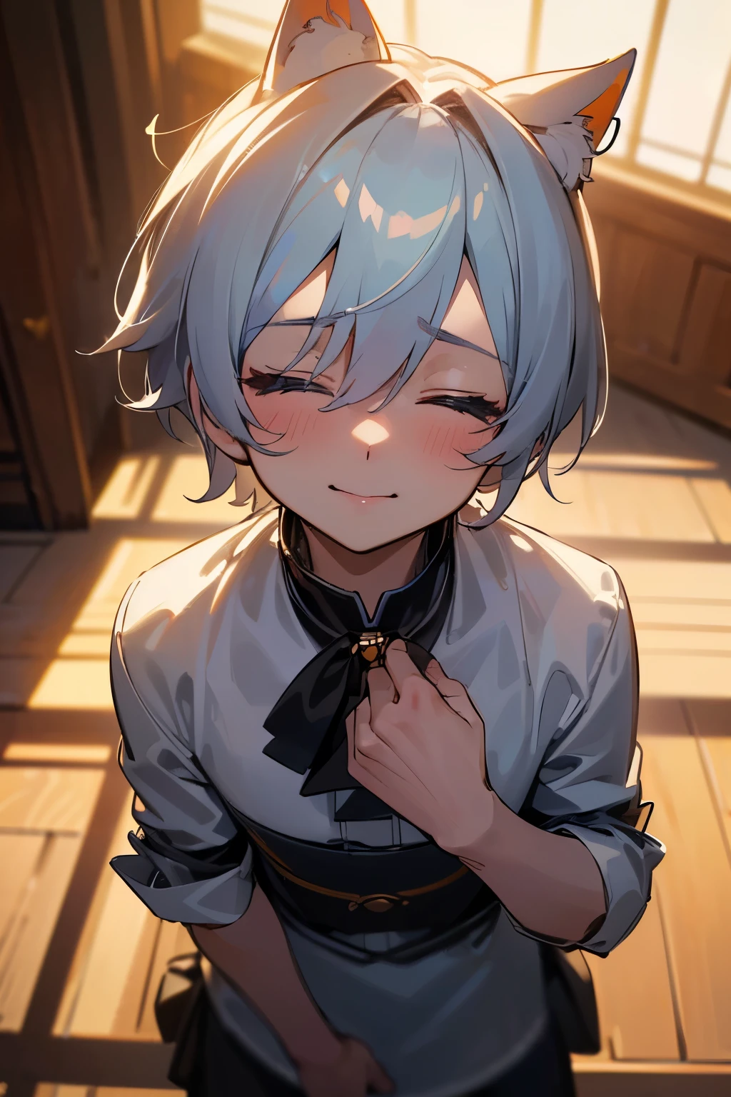 (male),smile,chat,超High resolution, retina, masterpiece, Accurate, Anatomically correct, Rough skin, Very detailed, Advanced Details, high quality, Awards, 最high quality, High resolution, High resolution, 4K,(anime,8k,masterpiece, 最high quality, 最high quality,beautifully、beautiful:1.2,Professional Illustration:1.1,Very detailed:1.3,Perfect lighting),Very detailed,Most detailed,High resolution,((A cute boy:1.5)), Cat ear,Silver Hair,short hair,evil lol,Upper Body,(ncoming kiss:1.5),(Focus on the face:1.5),(Cowboy Shot:1.5),(From above:1.5),(close your eyes:1.9),