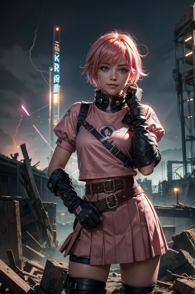 1girl,cowboy shot, beautiful nora_valkyrie, looking at viewer, smile, short hair, blue eyes,heart design on t-shirt, gloves, jacket, pink skirt, pink belt, short sleeves, puffy sleeves, single armband, fingerless gloves, short hair, orange hair, pink gloves, dynamic pose, night, lightning, standing inside ruins of old stadium, rubble, cracked ground, stream, rain, post-apocalypse, dystopian future, crowd, (crowd in military uniforms), bonfires, (volumetric lighting), best quality, masterpiece, intricate details, tonemapping, sharp focus, hyper detailed, trending on Artstation,
