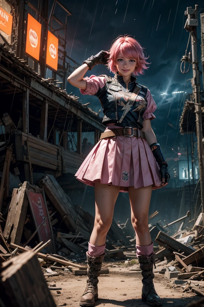 1girl,cowboy shot, beautiful nora_valkyrie, looking at viewer, smile, short hair, blue eyes,heart design on t-shirt, gloves, jacket, pink skirt, pink belt, short sleeves, puffy sleeves, single armband, fingerless gloves, short hair, orange hair, pink gloves, dynamic pose, night, lightning, standing inside ruins of old stadium, rubble, cracked ground, stream, rain, post-apocalypse, dystopian future, crowd, (crowd in military uniforms), bonfires, (volumetric lighting), best quality, masterpiece, intricate details, tonemapping, sharp focus, hyper detailed, trending on Artstation,