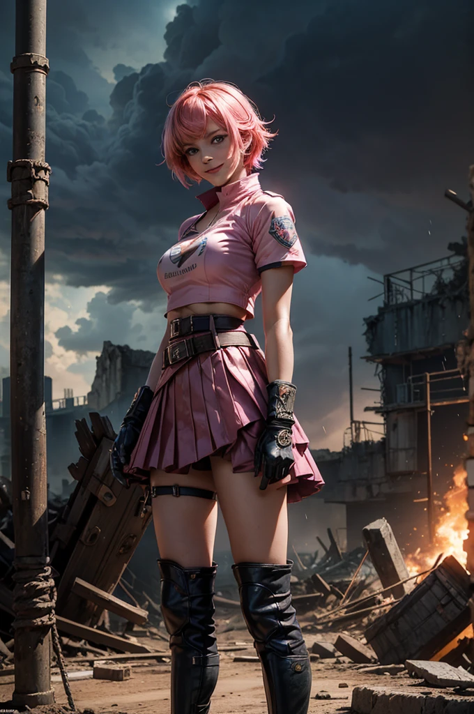 1girl,cowboy shot, beautiful nora_valkyrie, looking at viewer, smile, short hair, blue eyes,heart design on t-shirt, gloves, jacket, pink skirt, pink belt, short sleeves, puffy sleeves, single armband, fingerless gloves, short hair, orange hair, pink gloves, dynamic pose, night, lightning, standing inside ruins of old stadium, rubble, cracked ground, stream, rain, post-apocalypse, dystopian future, crowd, (crowd in military uniforms), bonfires, (volumetric lighting), best quality, masterpiece, intricate details, tonemapping, sharp focus, hyper detailed, trending on Artstation,
