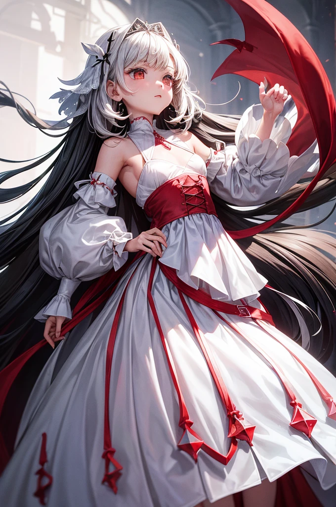 8-year-old girl, Small breasts, White and red medieval dress, Super voluminous skirt, Round Princess Skirt, High throat, Cover the body from neck to toe, Covered neck, Wearing a long black fur jacket, white, translucent, A soft dress,