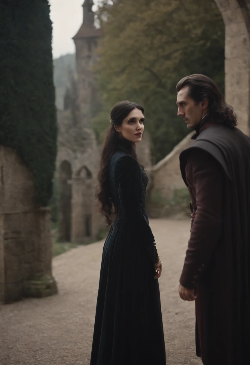 Generate the back view of dracula who is confronting a princess who stumbled across his castle. Only the princess's face is visible as dracula's back is turned towards the camera. The princess has black hair and grey eyes, she is wearing a royal black gown