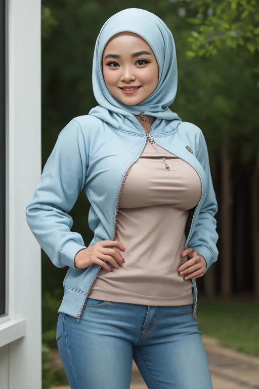 (Happy smile), pasmina hijab, masutepiece, High quality, UHD 32K, Realistic face, bright skin, hyper realism , A beautiful Malay Lady, 18 years old, (puffed big breasts, small tits, round hips), look In front at the camera, wearing unzip grey hoodie, , seductive pose