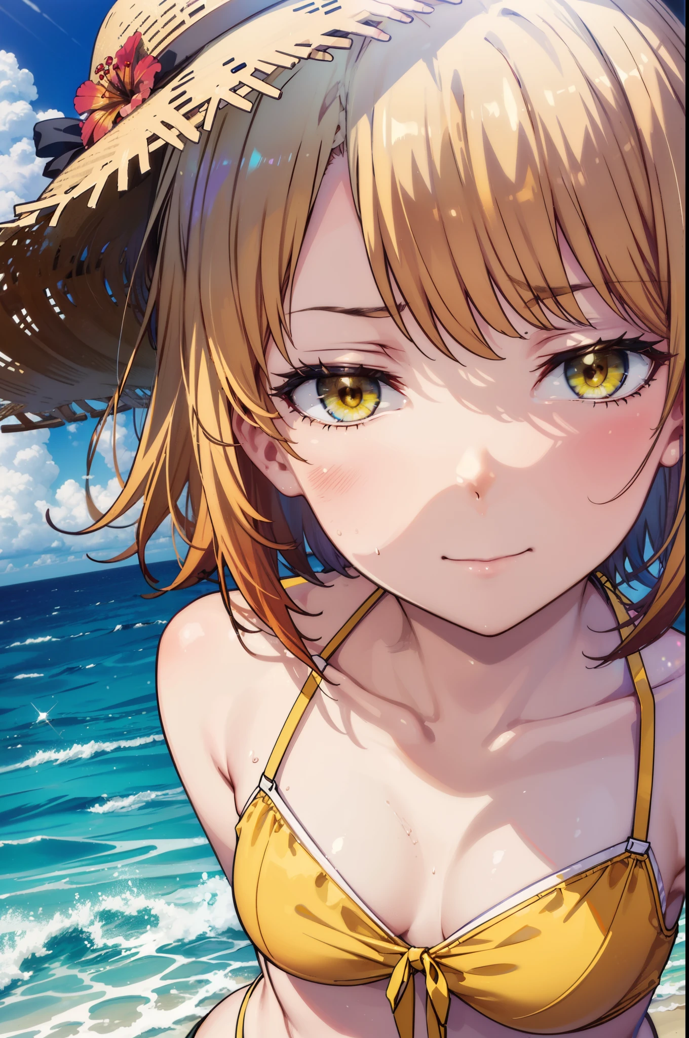 irohaisshiki, iroha isshiki, short hair, Brown Hair, (Brown eyes:1.5), smile,Yellow bikini swimsuit,Hibiscus hair accessory,barefoot,Big straw hat,Palm tree,Clear skies,whole bodyがイラストに入るように,Walking,
break outdoors, Beach,Sandy Beach,
break looking at viewer,whole body,
break (masterpiece:1.2), highest quality, High resolution, unity 8k wallpaper, (figure:0.8), (Beautiful fine details:1.6), Highly detailed face, Perfect lighting, Highly detailed CG, (Perfect hands, Perfect Anatomy),