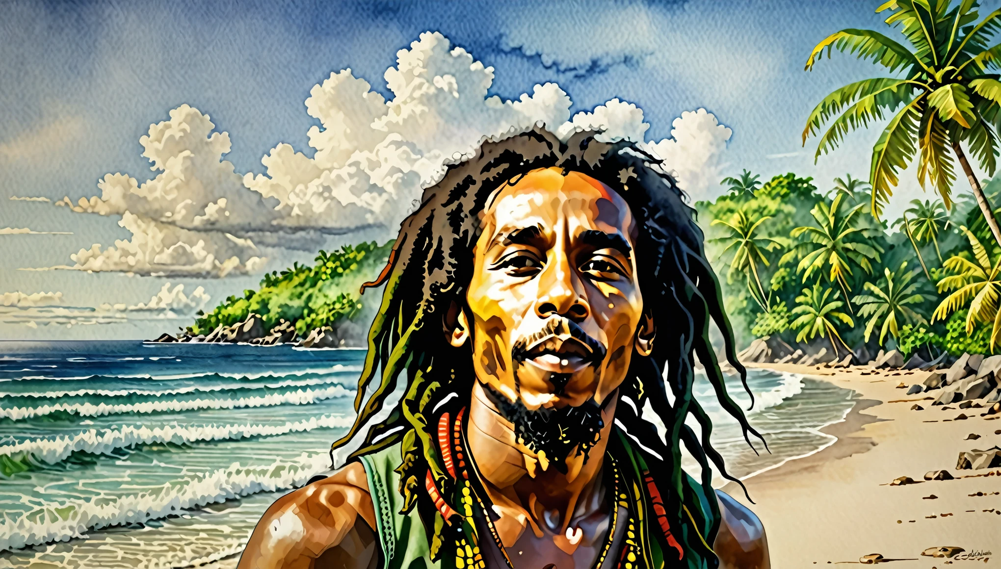 Scene: Bob Marley on a Beach in Jamaica, trending on artstation, sharp focus, studio photo, intricate details, highly detailed, by greg rutkowski, Watercolor, trending on artstation, sharp focus, studio photo, intricate details, highly detailed, by greg rutkowski, Watercolor, trending on artstation, sharp focus, studio photo, intricate details, highly detailed, by greg rutkowski