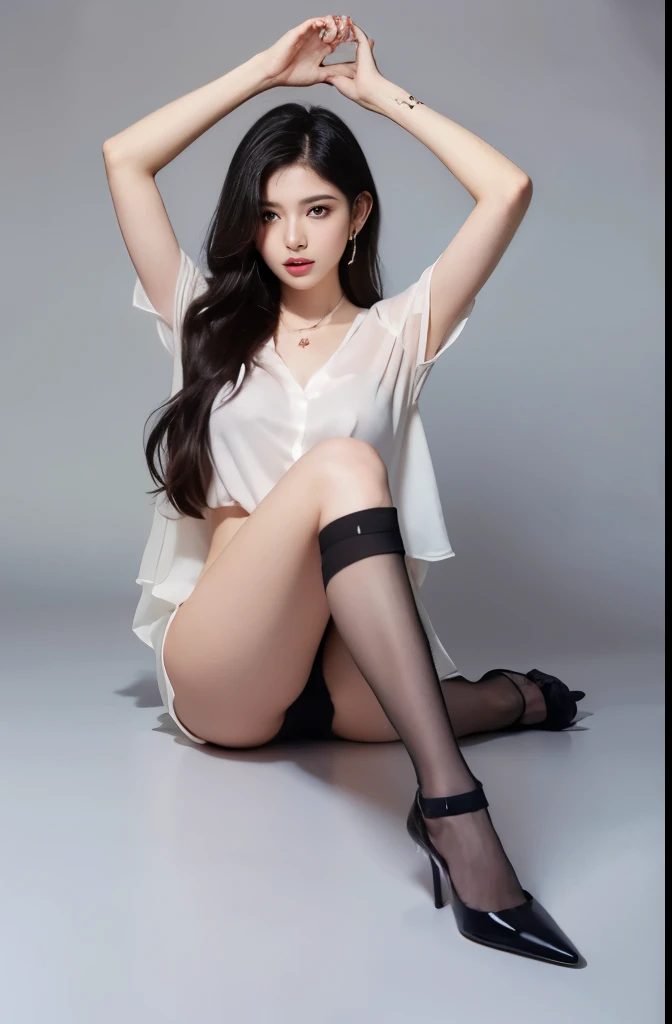 (masterpiece:1.3), (8 thousand, realistic, RAW photos, best quality: 1.4), (1 woman),(sheer silk blouse), (short skirt), (양 다리에 짙은색 realistic 팬티 스타킹 신고), (Stockings on both legs), (Stockings on both legs), (Wearing high heels on both feet), (Wearing high heels on both feet), (Wearing high heels on both feet), (very sexy), (full body shot), (Beautiful makeover), (realistic 얼굴), (beautiful body) , (very beautiful face), (long eyelashes), (double eyelid), (beautiful eyes), (big bust) , (Strong body through exercise), (beautiful abs), (Beautiful heaps), (tall), (really beautiful body), (realistic face), (black hair. parted, long hair:1.3), (아름다운 parted스타일), (realistic eyes), (delicate eyes), (realistic skin), (beautiful skin), (absurd), (attractive), (ultra high resolution), (extremely realistic), (very detailed), (golden ratio), (realistic 길고 아름다운 다리), (realistic and beautiful arms), (necklace), (earring),(beautiful nails manicure), (So beautiful and sexy)